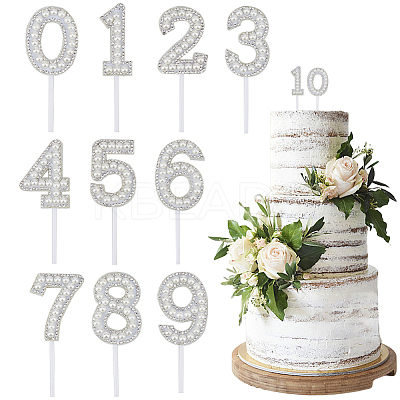 10 Sets 10 Style Number Plastic Imitation Pearl & Rhinestone Cake Toppers FIND-CP0001-67-1