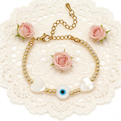 Summer Natural Shell Heart & Evil Eye & Brass Round Beaded Bracelets with Stainless Steel Chains NH4059-1