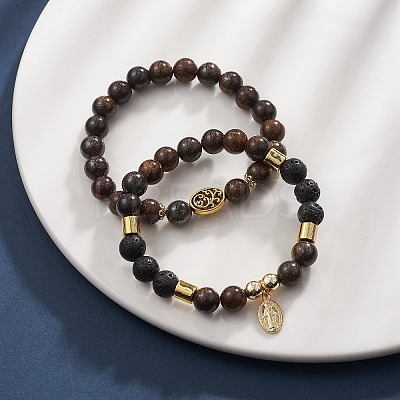 2Pcs 2 Style Dyed Natual & Synthetic Mixed Gemstone Beaded Stretch Bracelets Set BJEW-JB09325-1