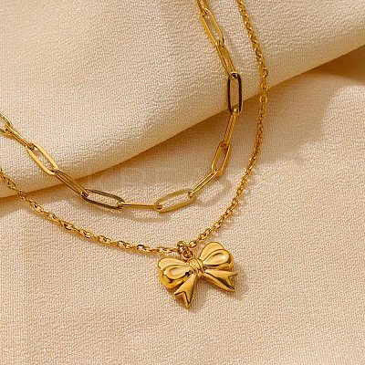304 Stainless Steel Bowknot Pendant Necklaces NJEW-L182-001G-04-1