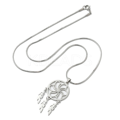 Bohemian 201 Stainless Steel Flower Woven Web/Net with Feather Pendant Necklaces NJEW-P327-07P-B-1