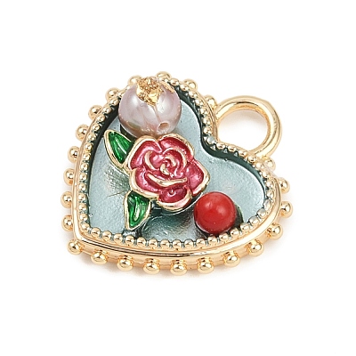 Brass Enamel & Natural Pearl Heart with Rose Flower Pendants KK-K351-49G-02-1
