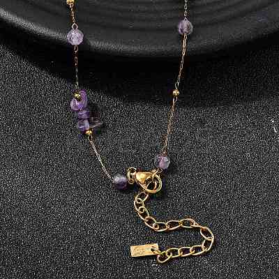 Natural Amethyst Chip 304 Stainless Steel Link Chain Necklaces for Women NJEW-K255-59G-1