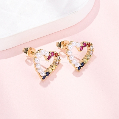 Hollow Heart Brass Micro Pave Cubic Zirconia Stud Earrings EJEW-A152-05G-1