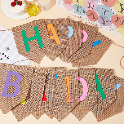1 Set Word Happy Birthday Linen Hanging Banners Flags AJEW-SP0001-51A-1