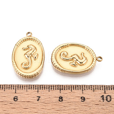 304 Stainless Steel Oval with Sea House Pendants STAS-T069-47G-1