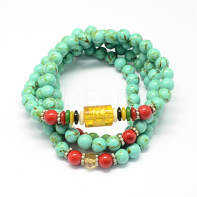 4-Loop Wrap Buddha Meditation Yellow Jade Beaded Bracelets BJEW-R039-07-1