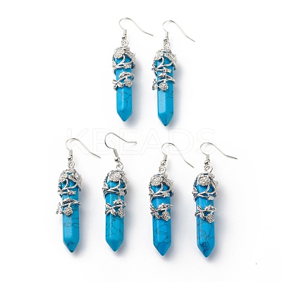 Synthetic Turquoise Bullet with Flower Dangle Earrings EJEW-G300-02P-08-1