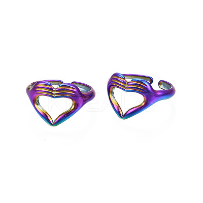 Ion Plating(IP) Rainbow Color 304 Stainless Steel Heart Gesture Open Cuff Ring for Women RJEW-S405-260M-1