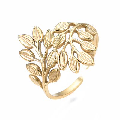 304 Stainless Steel Leaf Open Cuff Ring RJEW-T023-56G-1