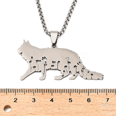 201 Stainless Steel Hollow Cat Shaped Pendant Box Chain Necklaces NJEW-M086-06P-1