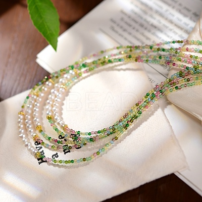 2MM Faceted Round Natural Green Tourmaline & Glass Pearl Beaded Necklaces for Women YX9478-1