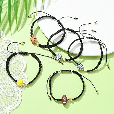 Sport Theme Acylic & Brass Heart Braided Bead Bracelet BJEW-JB09713-1