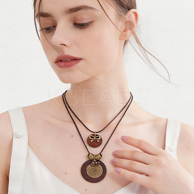 1Pc Bohemian Wood & Alloy Pendant Double Layer Necklaces for Women NJEW-CL0001-37-1