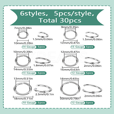 30Pcs 6 Styles Tarnish Resistant 304 Stainless Steel Open Jump Rings STAS-LP0001-62-1