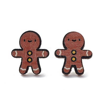 Christmas Printed Wooden Stud Earrings EJEW-D046-01-1
