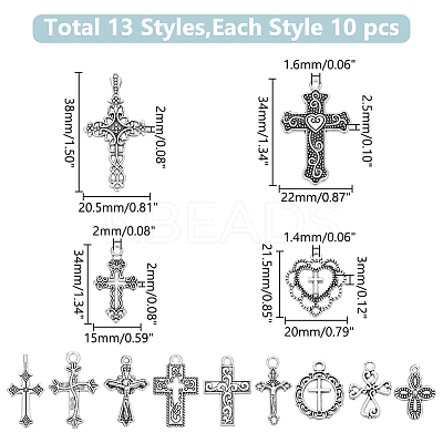 130Pcs 13 Styles Tibetan Style Cross Alloy Pendants FIND-WR0011-41-1