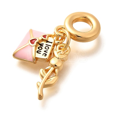 Brass Enamel Letter & Rose Flower European Dangle Charms KK-U048-05G-01-1