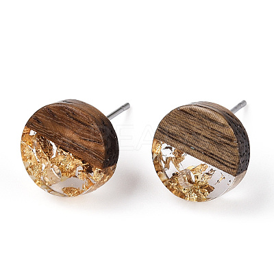 Transparent Resin & Walnut Wood Flat Round Stud Earrings EJEW-TAC0021-18A-01-1