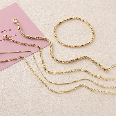 5Pcs 5 Styles Brass Chain Bracelets & Stretch Bracelets Set for Women BJEW-D357-03G-1