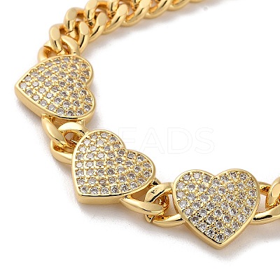 Brass Micro Pave Clear Cubic Zirconia Triple Heart Cuban Link Chains Bracelets for Women BJEW-M322-05G-B-1