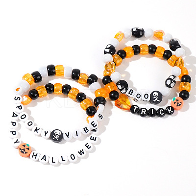 4Pcs Spooky Halloween Acrylic & Glass Beaded Stretch Bracelets EK3057-1-1