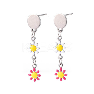 Flower Enamel Long Dangle Stud Earrings EJEW-N049-02A-1