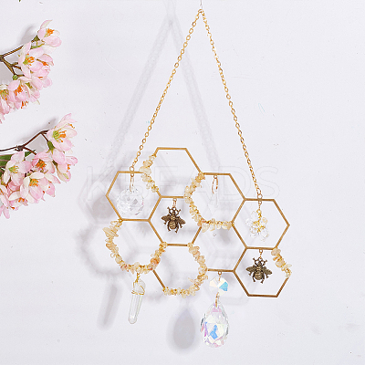 Brass Honeycomb & Yellow Quartz Chip Pendant Decorations HJEW-WH0069-33-1