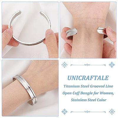 1Pc C-Shaped 201 Stainless Steel Grooved Cuff Bangles STAS-UN0052-35-1