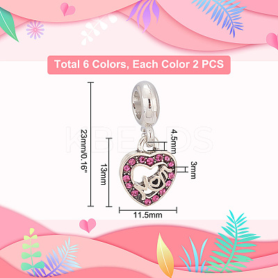 12Pcs 6 Colors Mother's Day Alloy Rhinestone European Dangle Charms FIND-PH0010-89-1