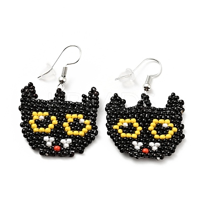 Glass Seed Braided Cat Dangle Earrings EJEW-B012-11-1