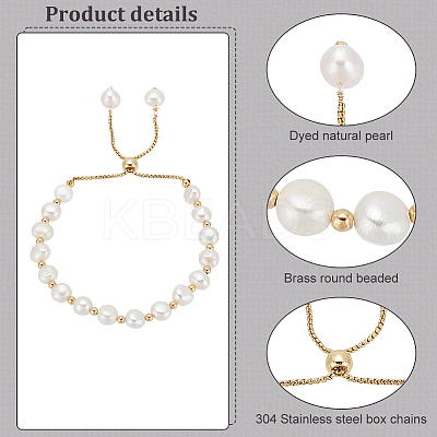 Dyed Natural Pearl & Brass Round Beaded Slider Bracelet BJEW-AN0001-02-1
