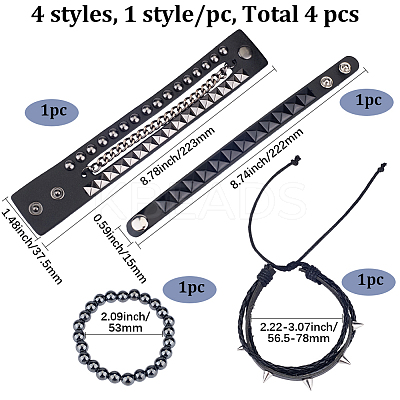 4Pcs 4 Styles Punk Style Hematite Round Beaded Stretch Bracelets & Rivets Bracelets  with Alloy Braided Bead Bracelets & Imitation Leather Bangles for Men Women BJEW-WH20002-09A-1
