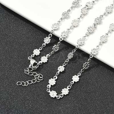 304 Stainless Steel Textured Flower Link Chain Necklaces NJEW-Z084-01P-1