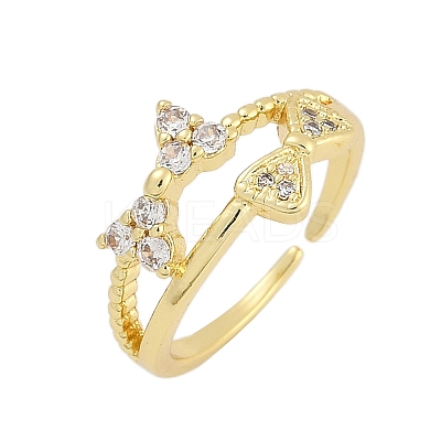 Rack Plating Bowknot Brass Micro Pave Clear Cubic Zirconia Cuff Rings for Women RJEW-M028-62G-1