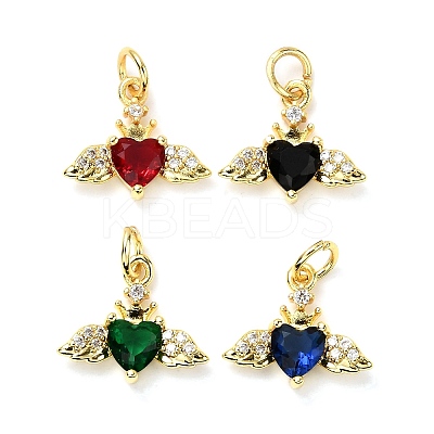 Heart with Wings Brass Micro Pave Cubic Zirconia Charms KK-C134-22G-1