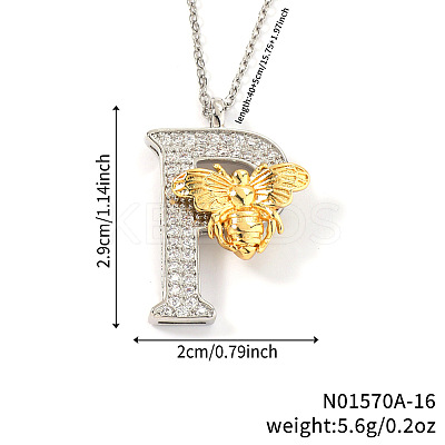 Brass Micro Pave Clear Cubic Zirconia Bee Initial Pendant Necklaces FS-WGF5E80-16-1