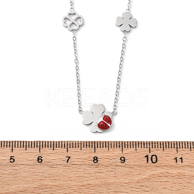 304 Stainless Steel FireBrick Enamel Ladybug Clover Link Chain Necklaces NJEW-R026-11P-1