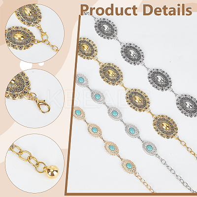 4Pcs 4 Styles Zinc Alloy with Resin Synthetic Turquoise Oval Link Waist Belly Chains AJEW-PH0009-01-1
