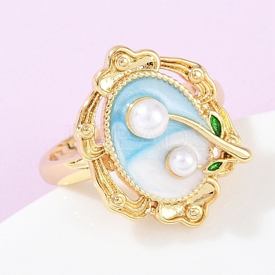 Brass Sky Blue Enamel Flower Cuff Rings RJEW-C139-18C-G-1