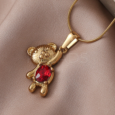 304 Stainless Steel with Red Glass Bear Pendant Necklaces for Women PA5495-1