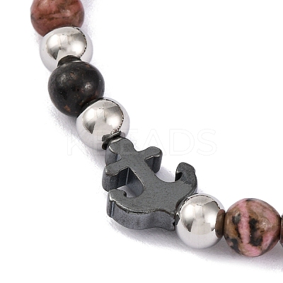 Natural Rhodochrosite & Synthetic Magnetic Hematite Anchor Beaded Bracelet BJEW-P339-01P-03-1