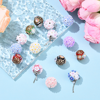 5Pcs Luminous Glow in the Dark Polymer Clay Pave Rhinestone Round Beads with Resin Flower CLAY-YW0002-48-1