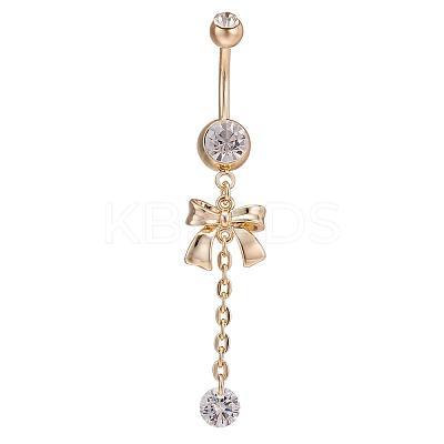 Piercing Jewelry Real 18K Gold Plated Brass Rhinestone Bowknot Navel Ring Belly Rings AJEW-EE0001-67-1