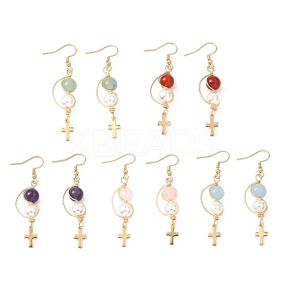 Shell Pearl Cross Dangle Earrings EJEW-JE06706-1