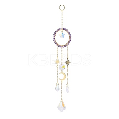 Natural Amethyst Woven Net/Web with Feather Window Hanging Suncatchers HJEW-JM00852-03-1