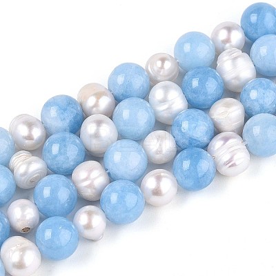 Dyed Natural White Jade Round & Natural Cultured Freshwater Pearl Grooved Potato Beads Strands PEAR-N019-01-1