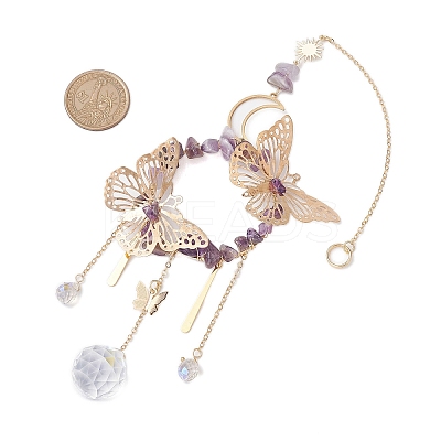 Iron Butterfly & Natural Amethyst Chip Ring Pendant Decorations HJEW-TA00244-1