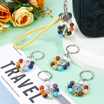 5Pcs 7 Chakra Gemstone Bead Pendant Keychain with Tibetan Style Alloy Charm KEYC-FH00032-1