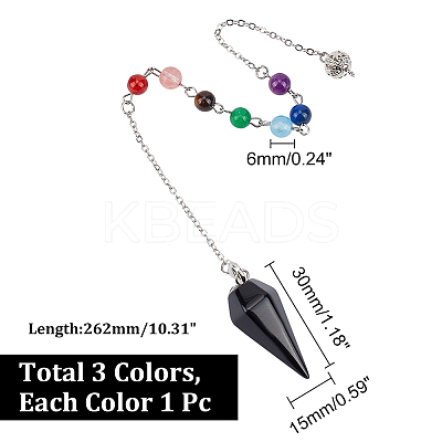 3Pcs 3 Style Natural Gemstone Hexagonal Pointed Dowsing Pendulums HJEW-GL0001-07-1
